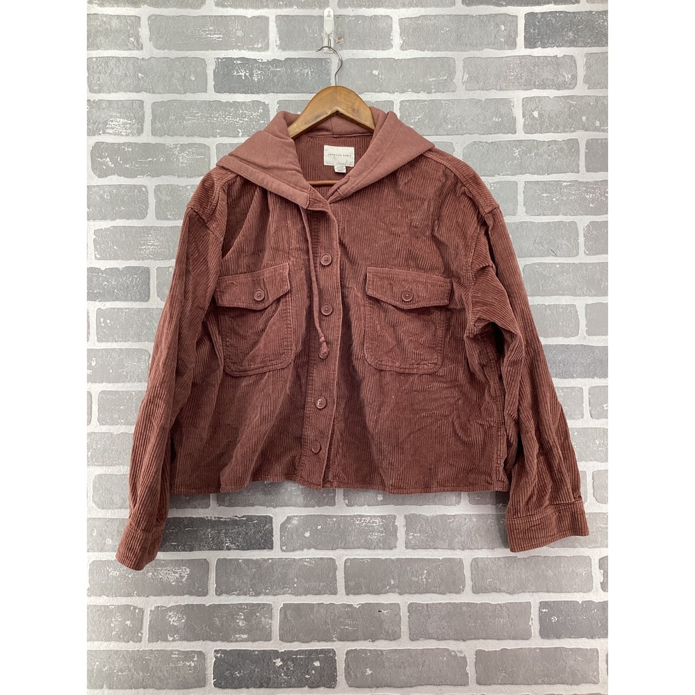 American Eagle Corduroy Hooded Jacket XL Terracotta Mauve Button Front Cropped